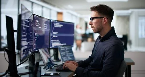 Young Software Engineer Coding Algorithm On Laptop To Enhance Cybersecurity S Stock Photos