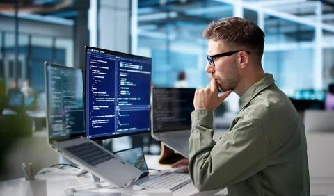 Young Software Engineer Coding On Laptop To Build Secure Business Platform. Stock Photos