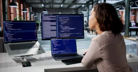 Young Software Engineer Coding Secure Web Applications Diligently At Her Desk Stockfoto's