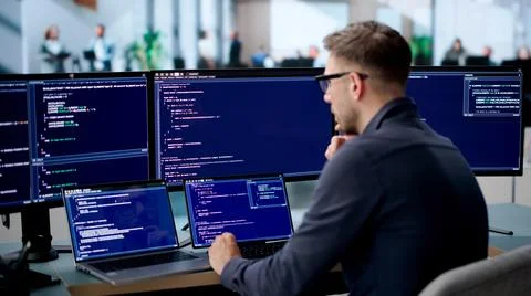 Young Software Engineer Coding Secure Algorithms On Laptop At Busy Office Des Stock Photos