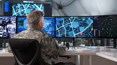 Young Soldier In Field Command Center Using Desktop Computer Stock Footage 328718112