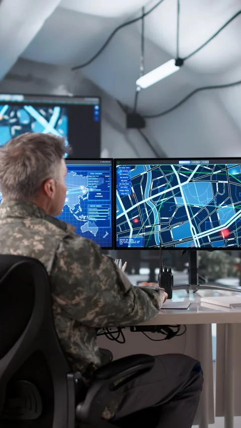 Young Soldier In Field Command Center Using Desktop Computer Stock Footage 329310205