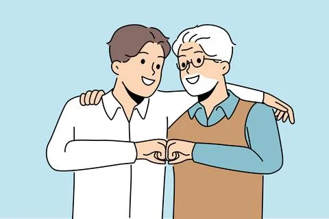 Young son and elderly father hug and bump fists to demonstrate unity between Stock Illustration