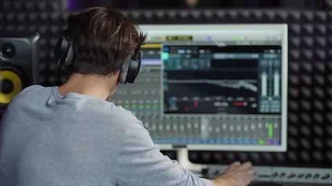 Young sound engineer working in recording studio Stock Footage 142398419