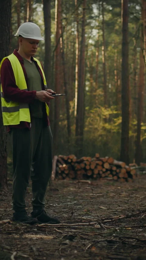 Young specialist guiding tree-cutting operations in a forest environment Stock Footage 331742867