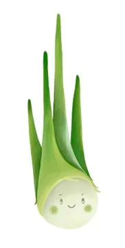 Young spring onion with cute face isolated on white. Stock Illustration
