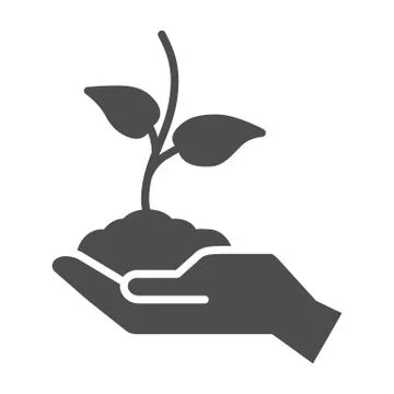 Young sprout in hand solid icon, care nature concept, Hand holding seedling in Illustrazione stock