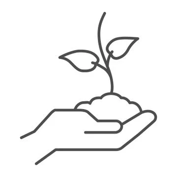 Young sprout in hand thin line icon, care nature concept, Hand holding seedling Illustration