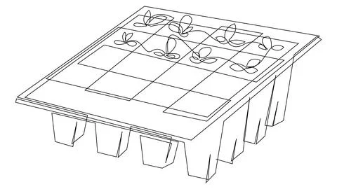 Young sprouts growing in plastic pots cassette continuous one line art. Stock Illustration
