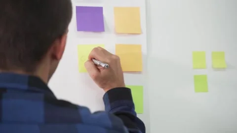 Young startup worker planning in front of wall marker and stickers 스톡 동영상 140516573