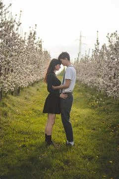 Young strong love between two young people standing under apple trees. Candid Stock Photos