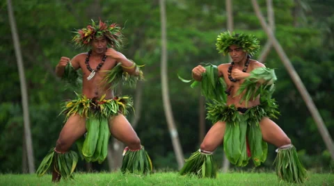 Young strong Polynesian male warrior dancers entertaining in traditional costume Stock Footage