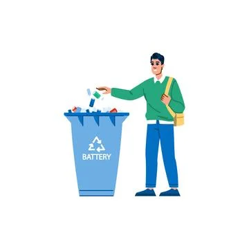 Young student with backpack throwing used batteries into special recycling bi Stock Illustration