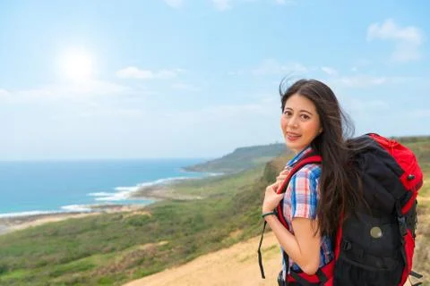 Young student backpacker going to hiking 库存照片