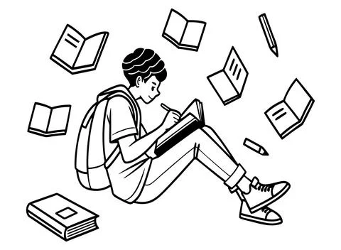 Young student boy sitting on floor writing in notebook with flying books ar.. Stock Illustration