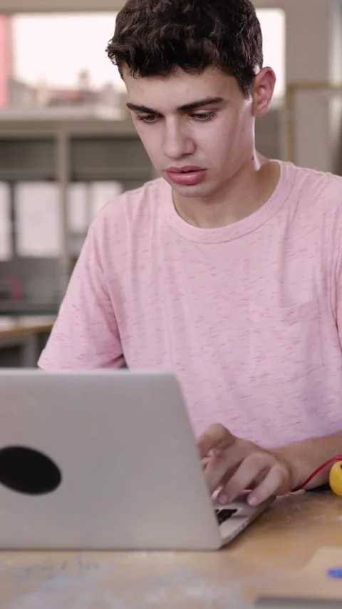 Young student boy working on laptop at high school Stock Footage 277453831