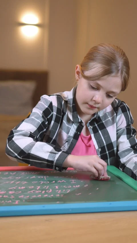 Young student cleaning blackboard after writing lesson Stock Footage 315880862