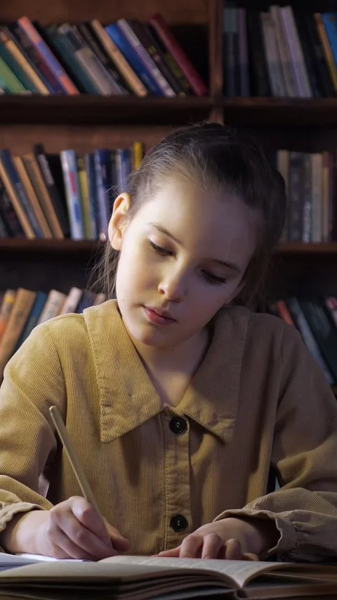 Young student doing homework at night in a library with focused lighting Video stock 341446945