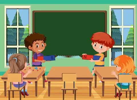 Young student doing magnet experiment in the classroom scene Illustrazione stock