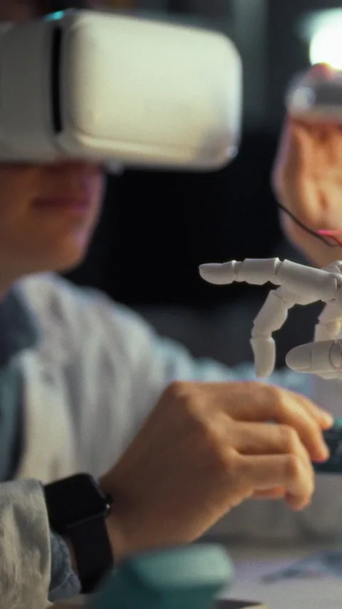Young student engages in cutting-edge robotics project donning virtual reali 動画素材 331742818