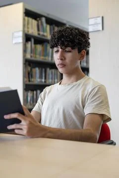 A young student, facing forward, concentrating on his reading. Foto stock