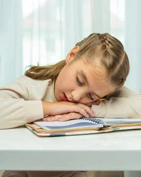 Young student fell asleep while studying at home, her head resting on her arm Stock Photos
