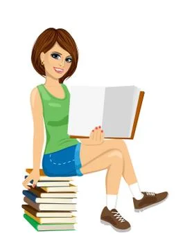 Young student girl sitting on stack of books showing open textbook Stockillustratie