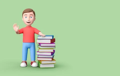 Young Student Leaning on Stack of Books on Green with Copy Space 3D Illustration Stock Illustration