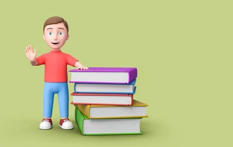 Young Student Leaning on Stack of Books on Green with Copy Space 3D Illustration Stock Illustration