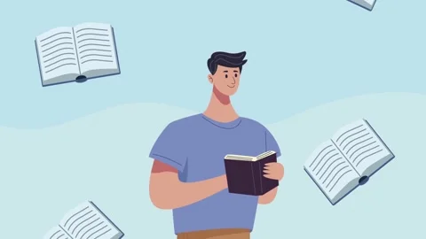Young student man reading book and books pattern Stock Footage 179306669