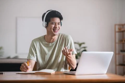 Young student online learning class together study online video call zoom Stock Photos
