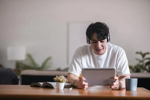 Young student online learning class study online video call zoom teacher, Happy Stock Photos