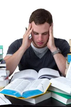 Young student overwhelmed with studying Stock Photos