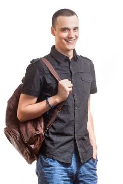 Young student posing with leather bag. 스톡 사진