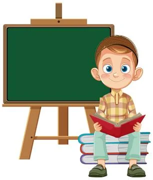 Young Student Reading Book Sitting on Stack Beside Blank Classroom Chalkboard Stock Illustration
