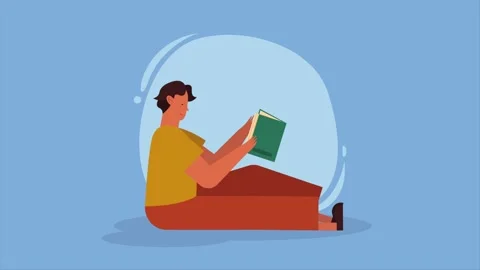 Young student sitting and reading green book animation on blue background i.. 스톡 동영상 333806549