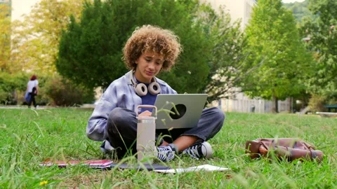 Young student studying with laptop computer outdoors in park Stock Footage 347861312