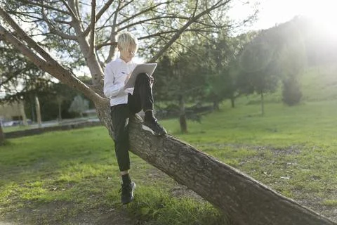 Young student studying outdoors while sitting on a fallen tree trunk in a park Stock Photos