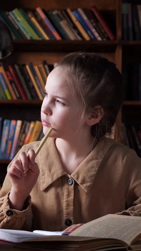 Young student thinking and writing in a vintage library while studying, an Stock-Footage 341443874