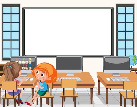 Young student using computer in the classroom scene Stock Illustration