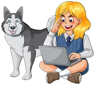 Young Student Using Laptop Computer While Sitting Next To Siberian Husky イラスト素材