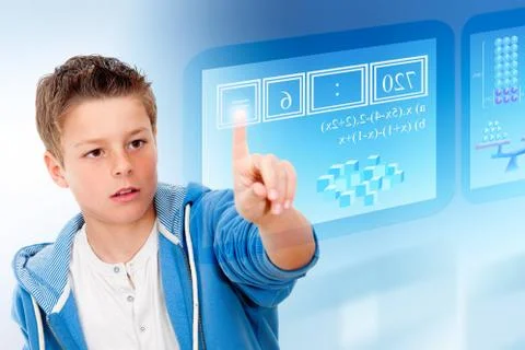 Young student with virtual futuristic interface. Stock Photos