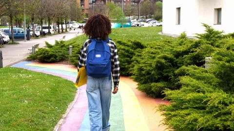 Young student walking on rainbow path on college campus Stock-Footage 312813087