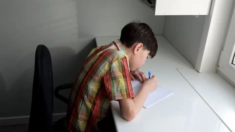 Young student writing notes in notebook at desk Stock Footage 308439701