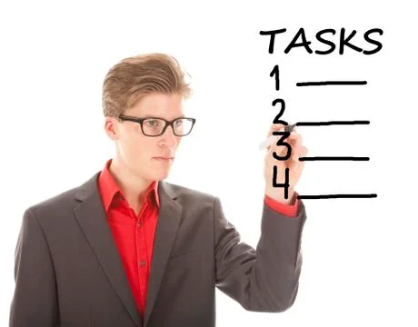Young student writing tasks items isolated on white background Stock Photos