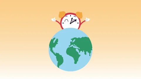 Young students with alarm clock supply kawaii comic animation Video stock 136643162