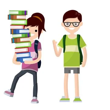 Young students with book and backpack. Boy and girl at school. Stock Illustration
