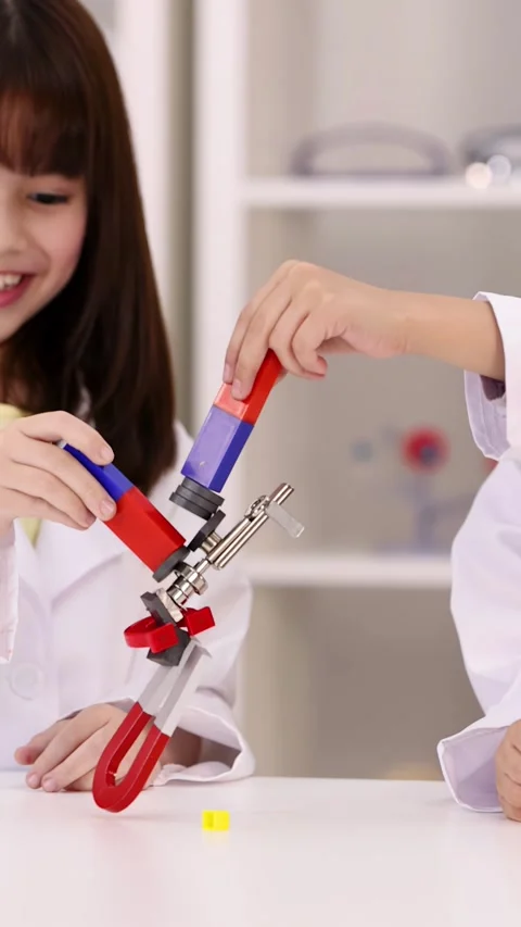 Young Students Conducting Physics Experiment with Magnets in Science Lab Stock Footage 345318323