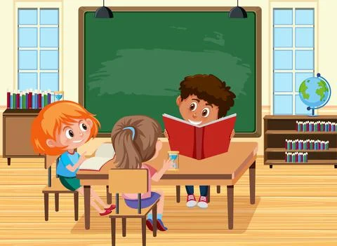 Young students doing homework in the classroom scene Stock Illustration