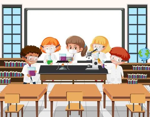 Young students doing science experiment in the classroom scene 스톡 일러스트